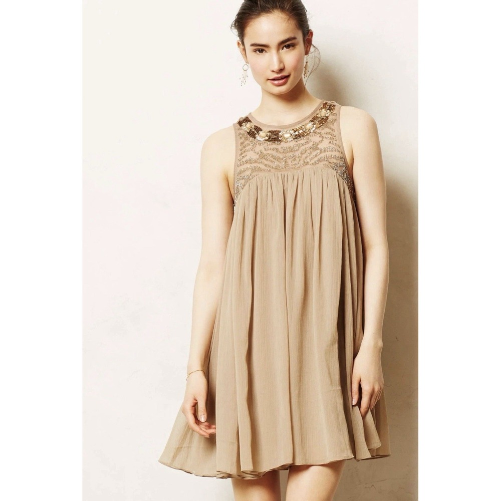Moulinette Soeurs Dress Women 8 Tan Excellent Embellished Beaded Chiffon Mini